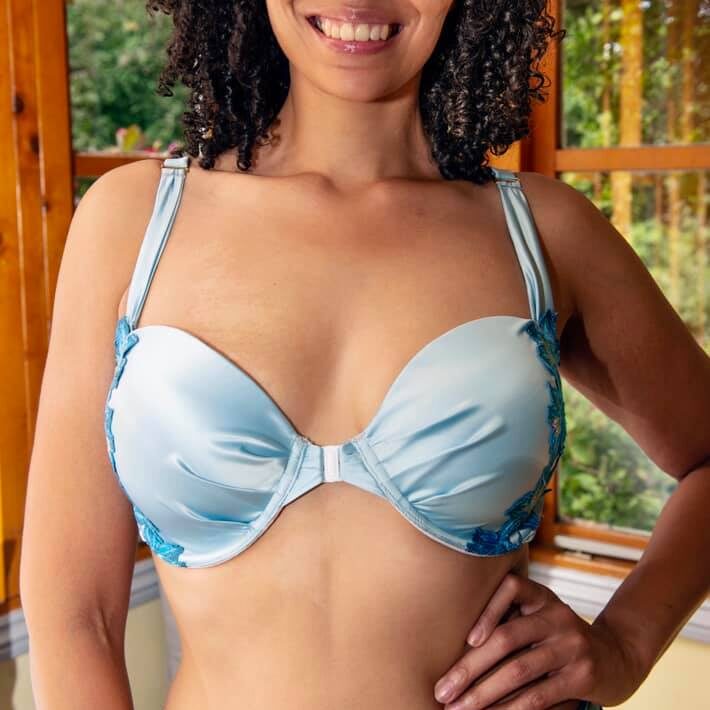 Light Blue Satin Front Closure bra with pleating detail and applique lace