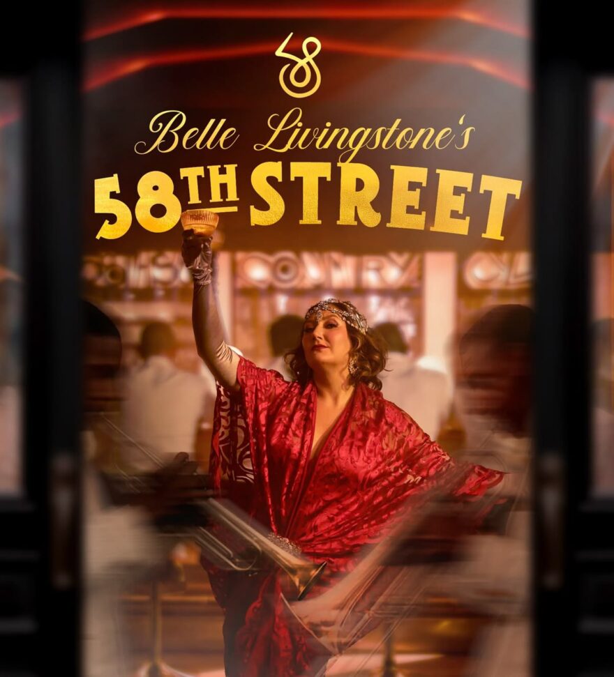 Promotional advert for 58th Street featuring the lead 1920s vintage style robe costume made bespoke in red lace