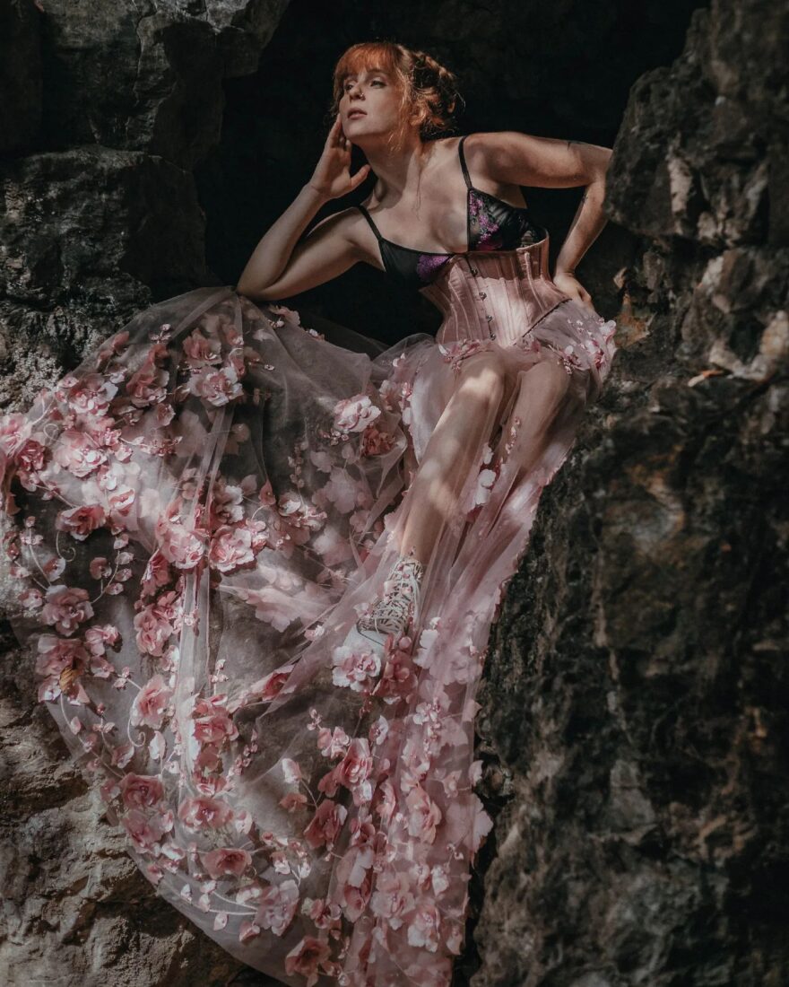 Dusky Pink Floral Mesh and Lace Skirt with Silk Fitted Waistband, French Seams and Concealed Zip