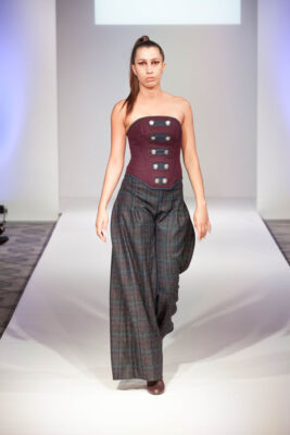 Damson, Tweed, Strapless Bodice with Contrast. Blue, Trim Edge and Faux Welt Button Holes