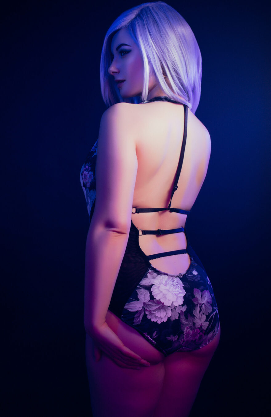 Floral Jersey, Halter Bodysuit with Sheer Black Mesh Panels and Cage Back Straps with Adjusters