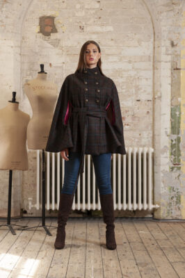 Navy, Blue, Orange, Pink Brown Plaid, Tweed, Belted Double Breasted Cape Jacket with Funnel Collar, Welt Pockets and Buttonholes and Contrast Lining