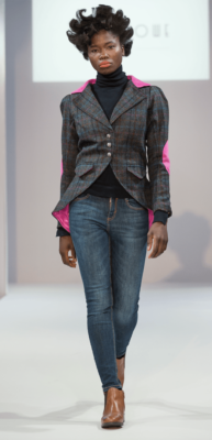 Navy, Blue, Orange, Pink Plaid Tweed Cropped Riding Jacket with Welt Button Holes and Pockets with Flaps and Contrast Satin Lining, Suede Collar and Elbow patches