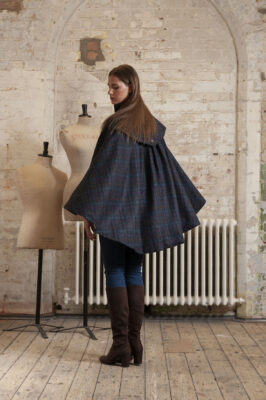 Navy, Blue, Orange, Pink Plaid Tweed Cape with Yoke and Pleated Back Detail