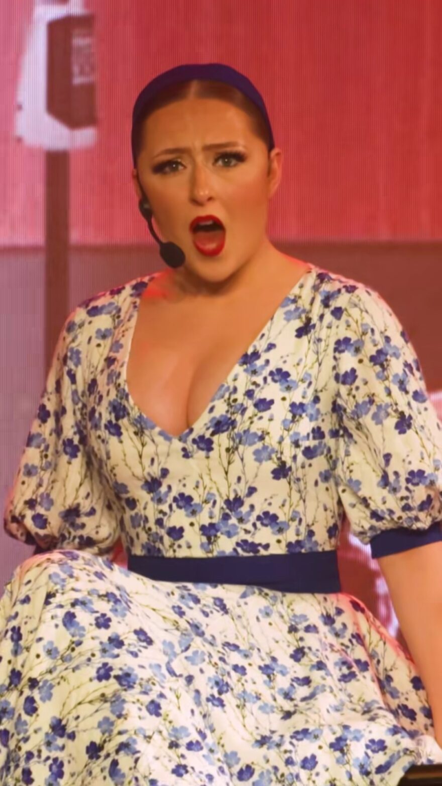 Blue floral faux wrap circle skirt dress with contrast trim for Carol King Beautiful musical live show
