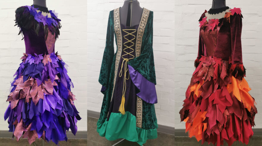 Trio of witch dresses; purple and red leaf skirts and medieval green and gold robe with contrast purple sleeves